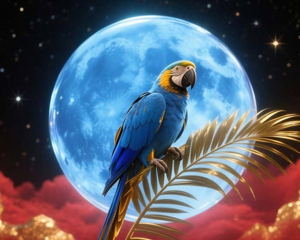 Blue Macaw Parrot on Palm Frond with Moon and Stars