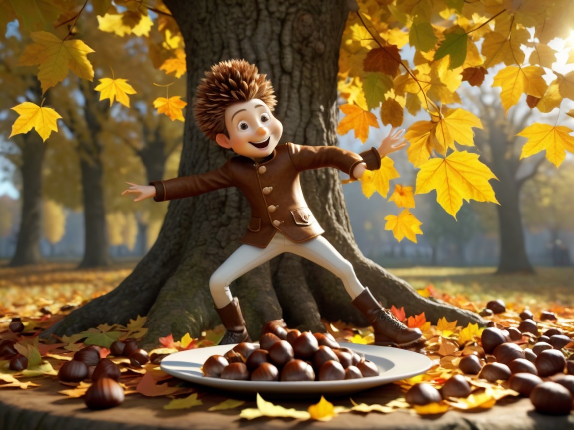 Joyful Boy Surrounded by Autumn Leaves and Chestnuts