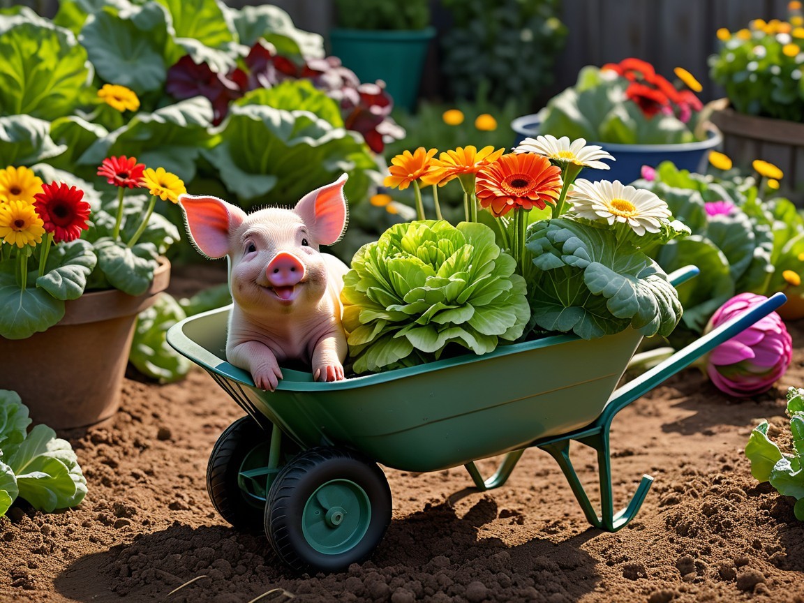 Cheerful Piglet in Flower-Filled Wheelbarrow Scene