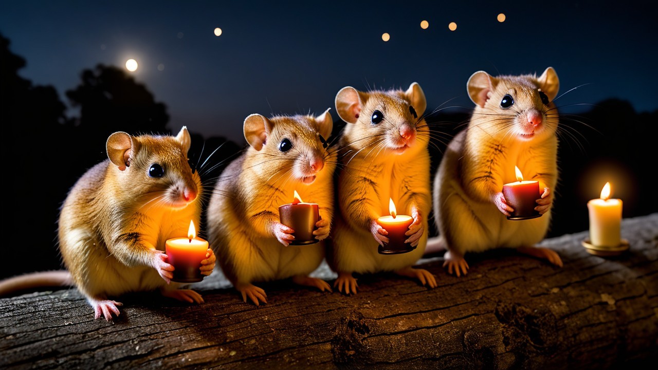 Mice with Candles on a Log Under Starry Sky