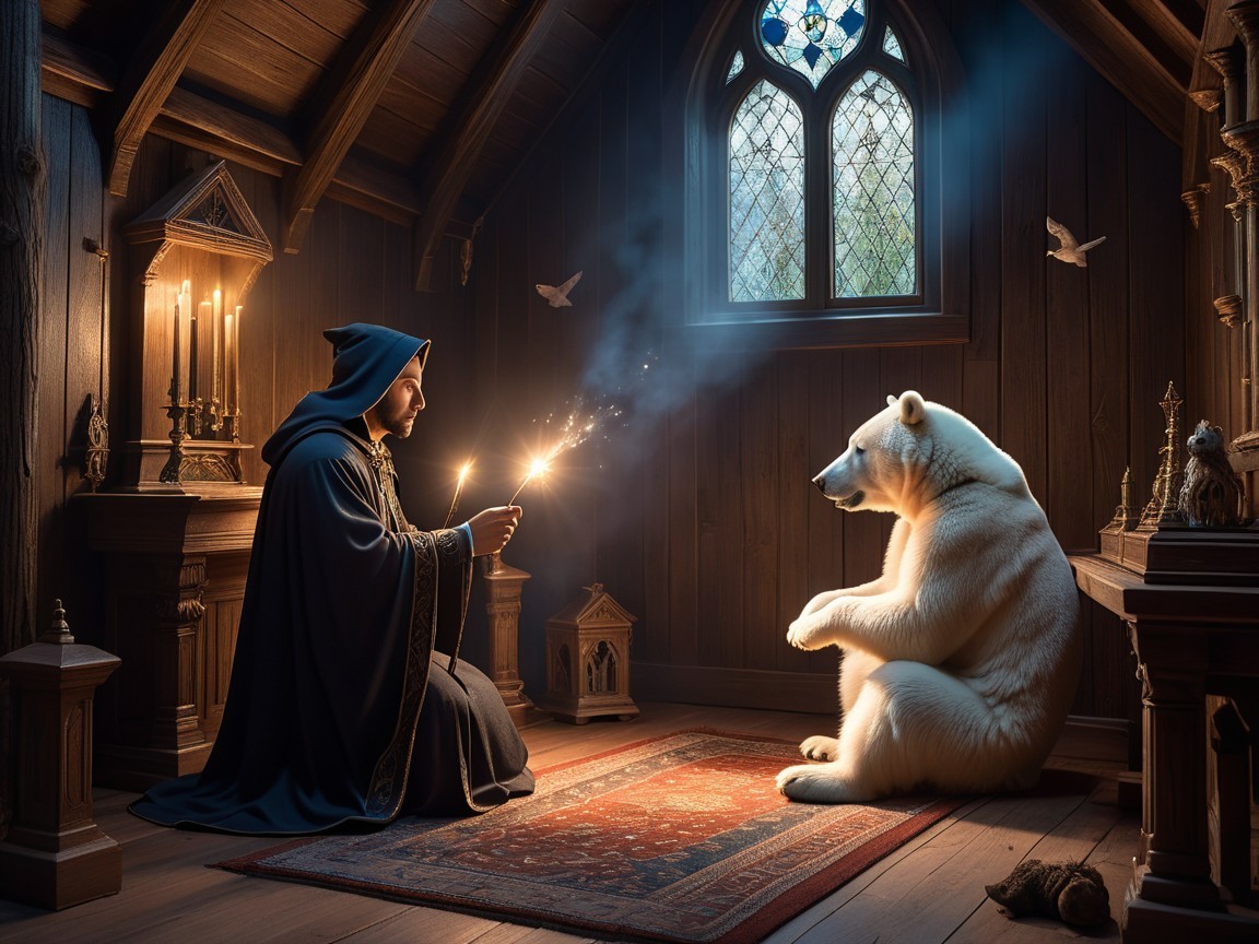 Cozy Room with Wizard, Polar Bear, and Candlelight