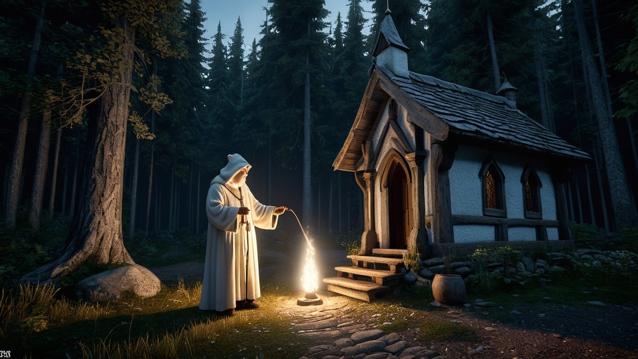 Cloaked Figure Conjures Magic by Stone Cottage at Twilight