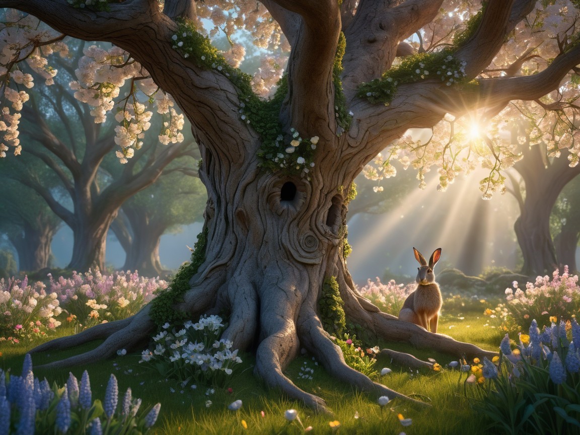 Ancient Tree in Sunlit Glade with Wildflowers and Rabbit