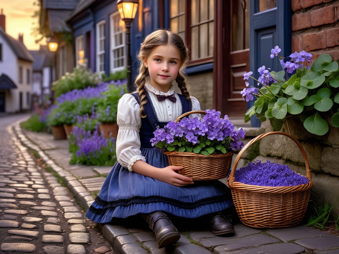 Young girl in vintage dress with flowers in village