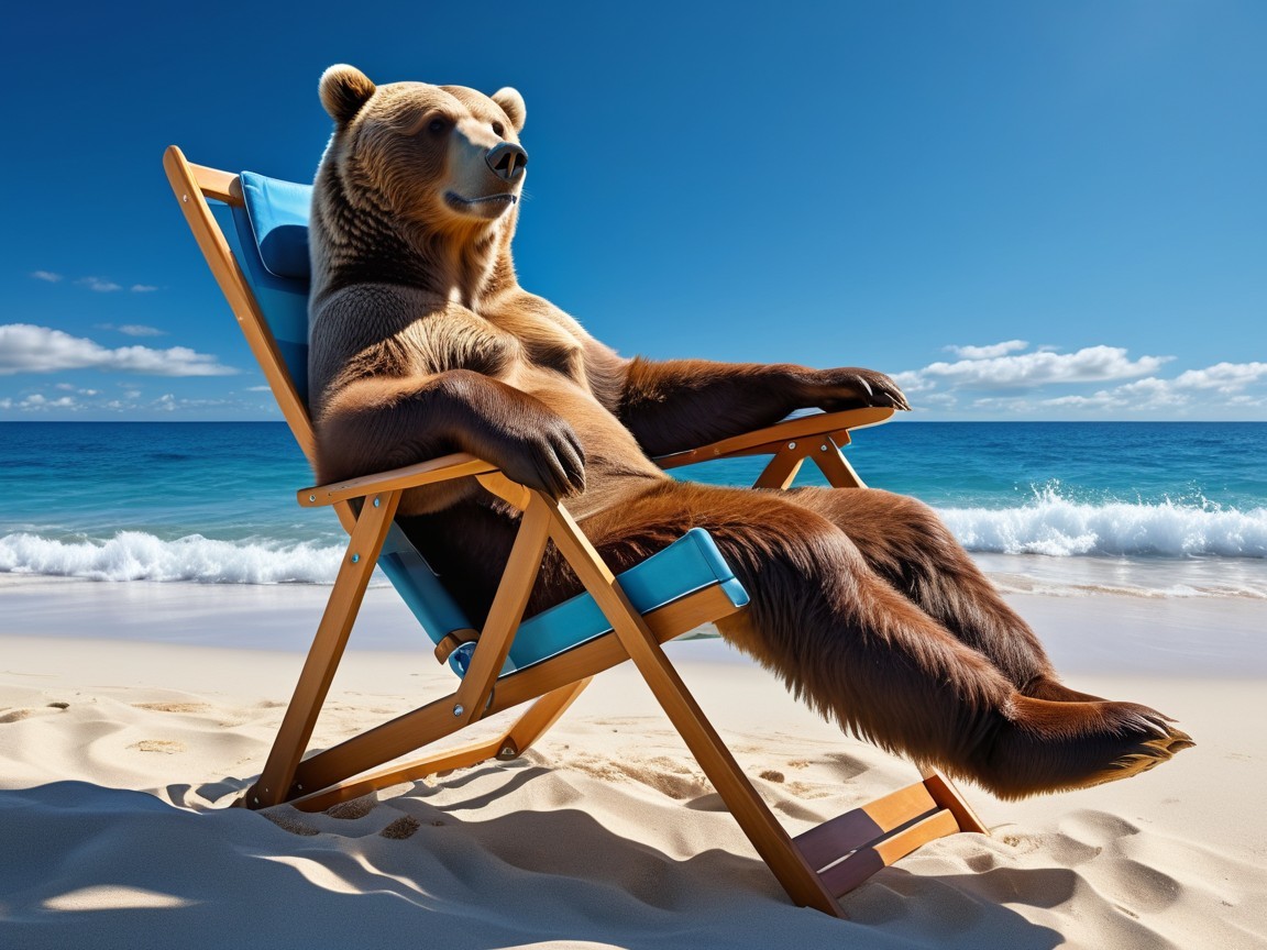 Brown bear relaxing in a beach chair by the ocean