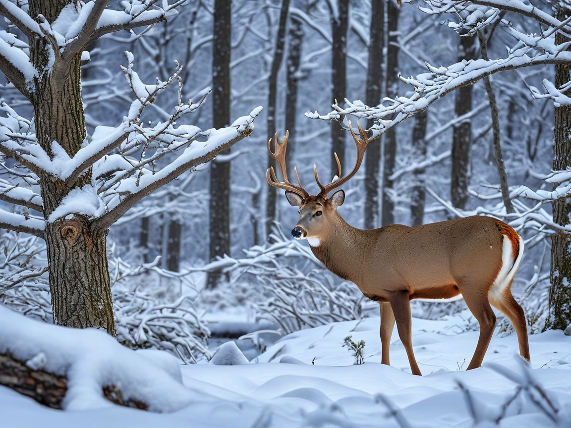Majestic deer in a snowy forest landscape