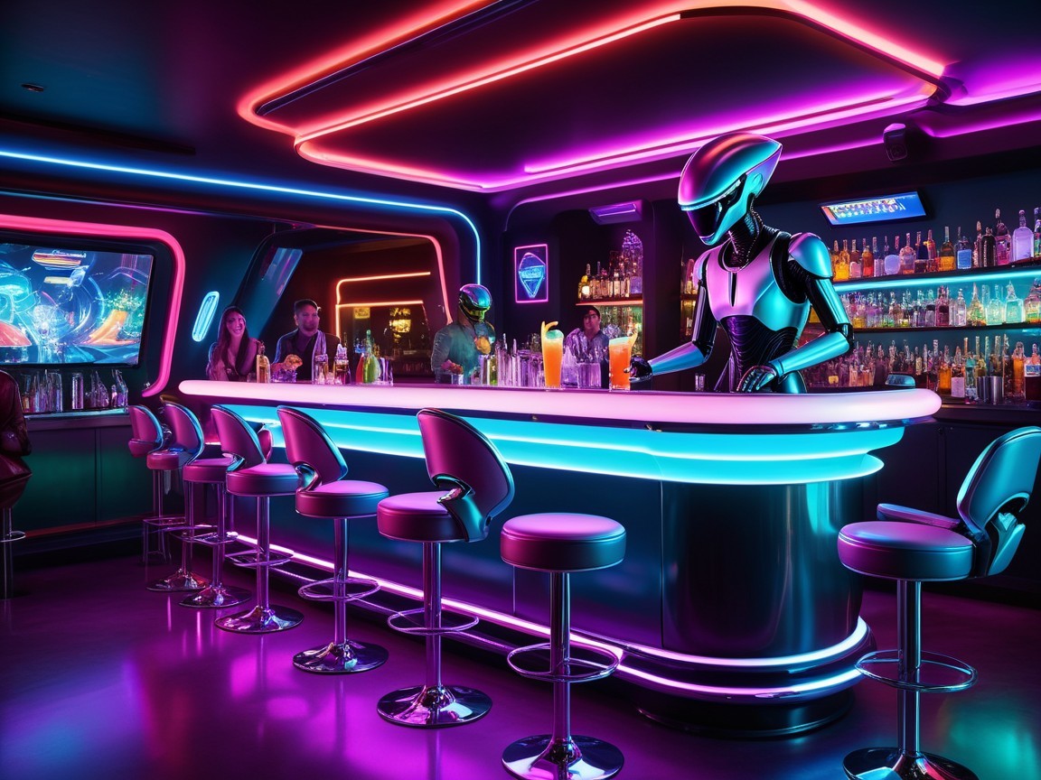 Futuristic bar with neon lights and robot mixologist
