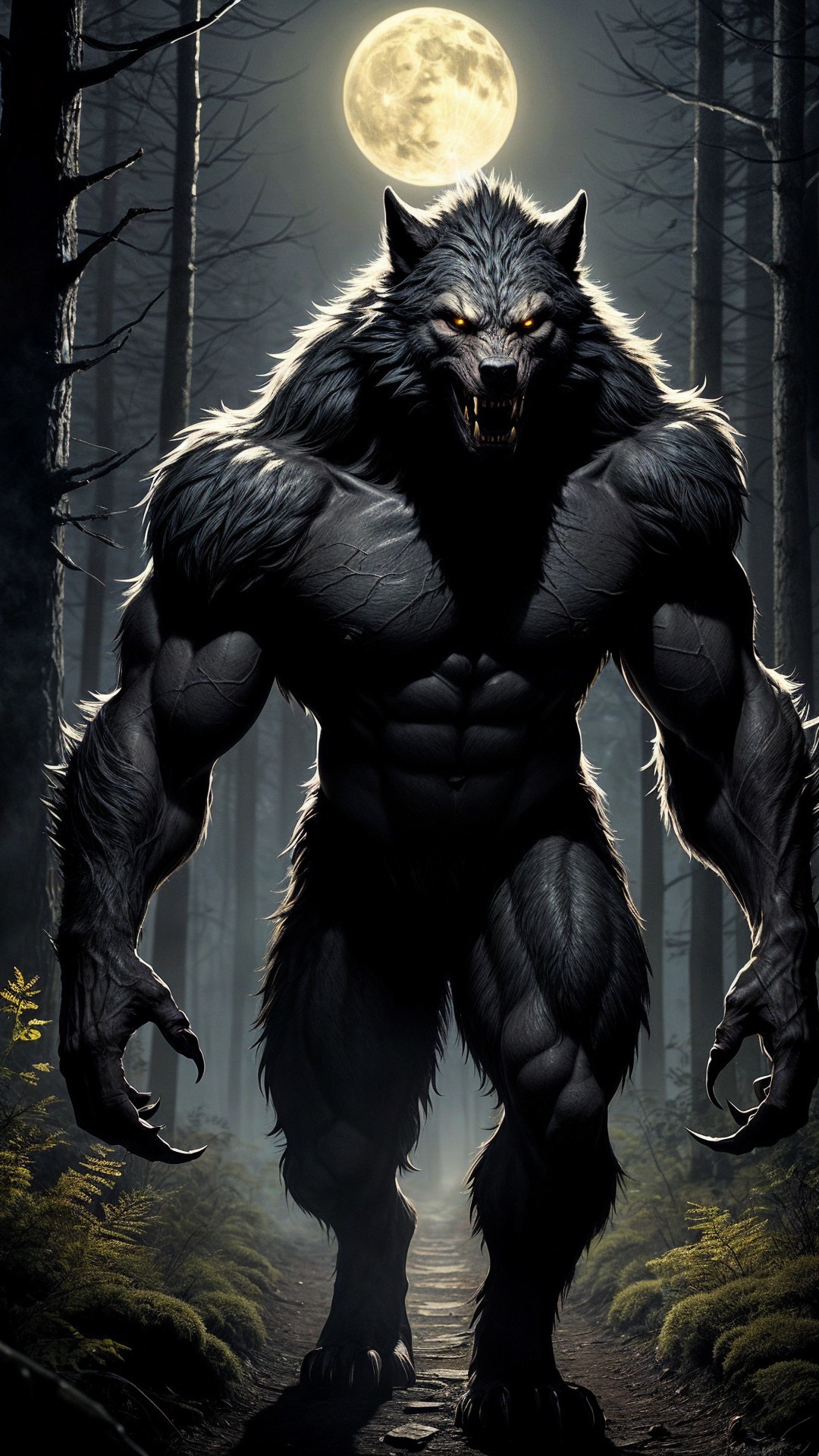 Menacing Werewolf in Dark Forest Under Full Moon