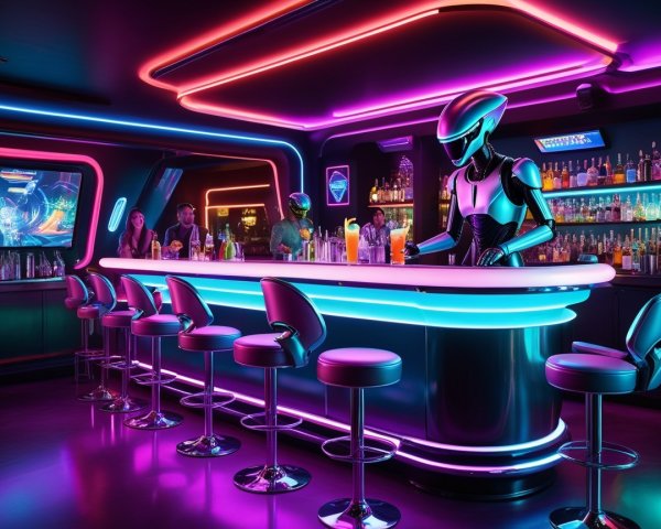 Futuristic bar with neon lights and robot mixologist