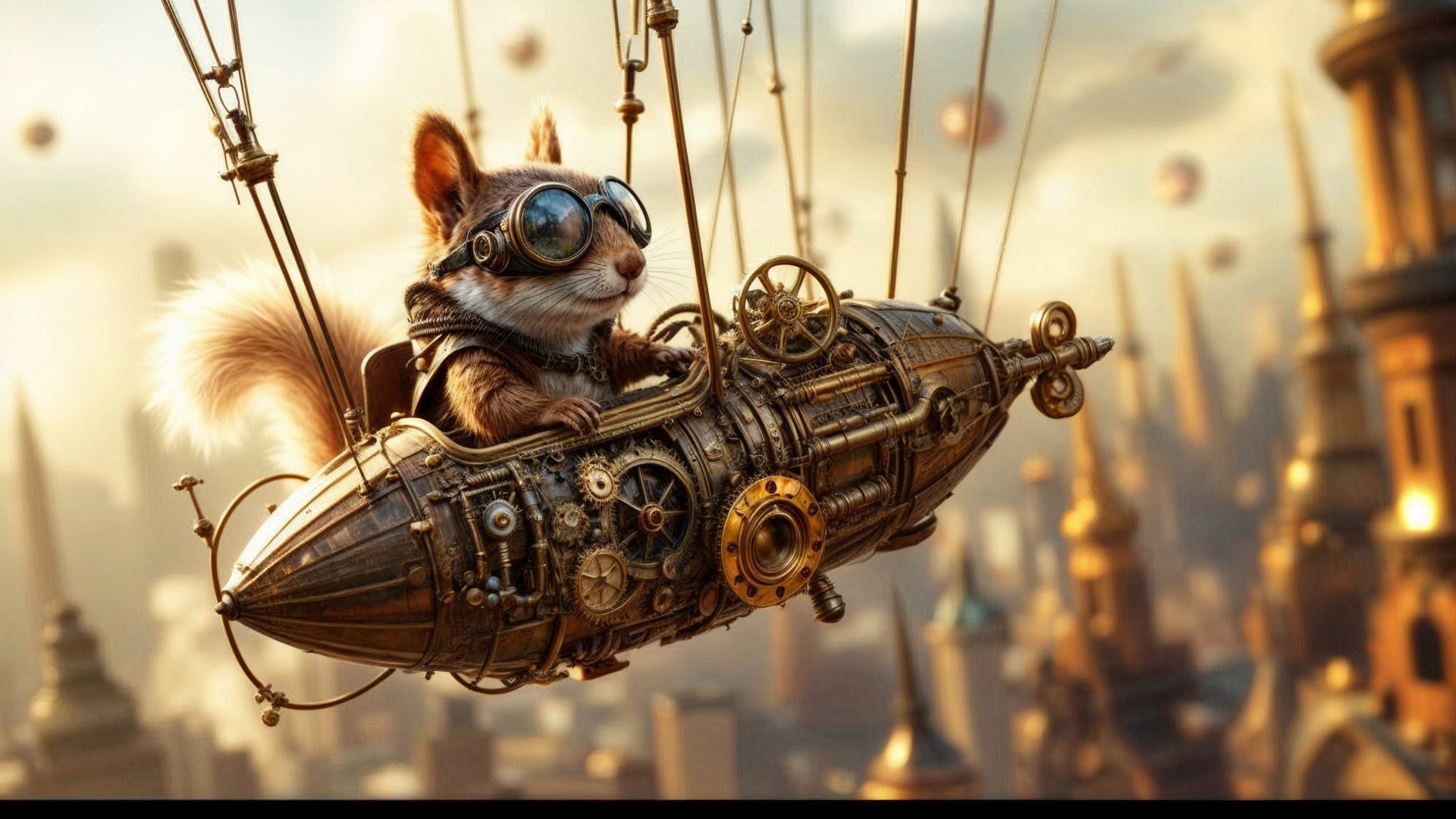 Steampunk Squirrel Piloting Airship Over Fantasy City