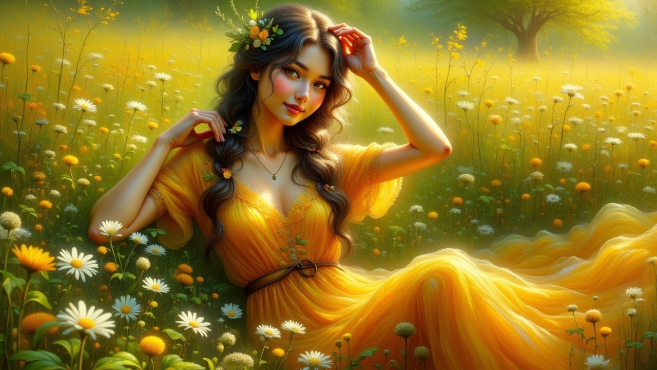 Young woman in yellow dress in vibrant wildflower meadow