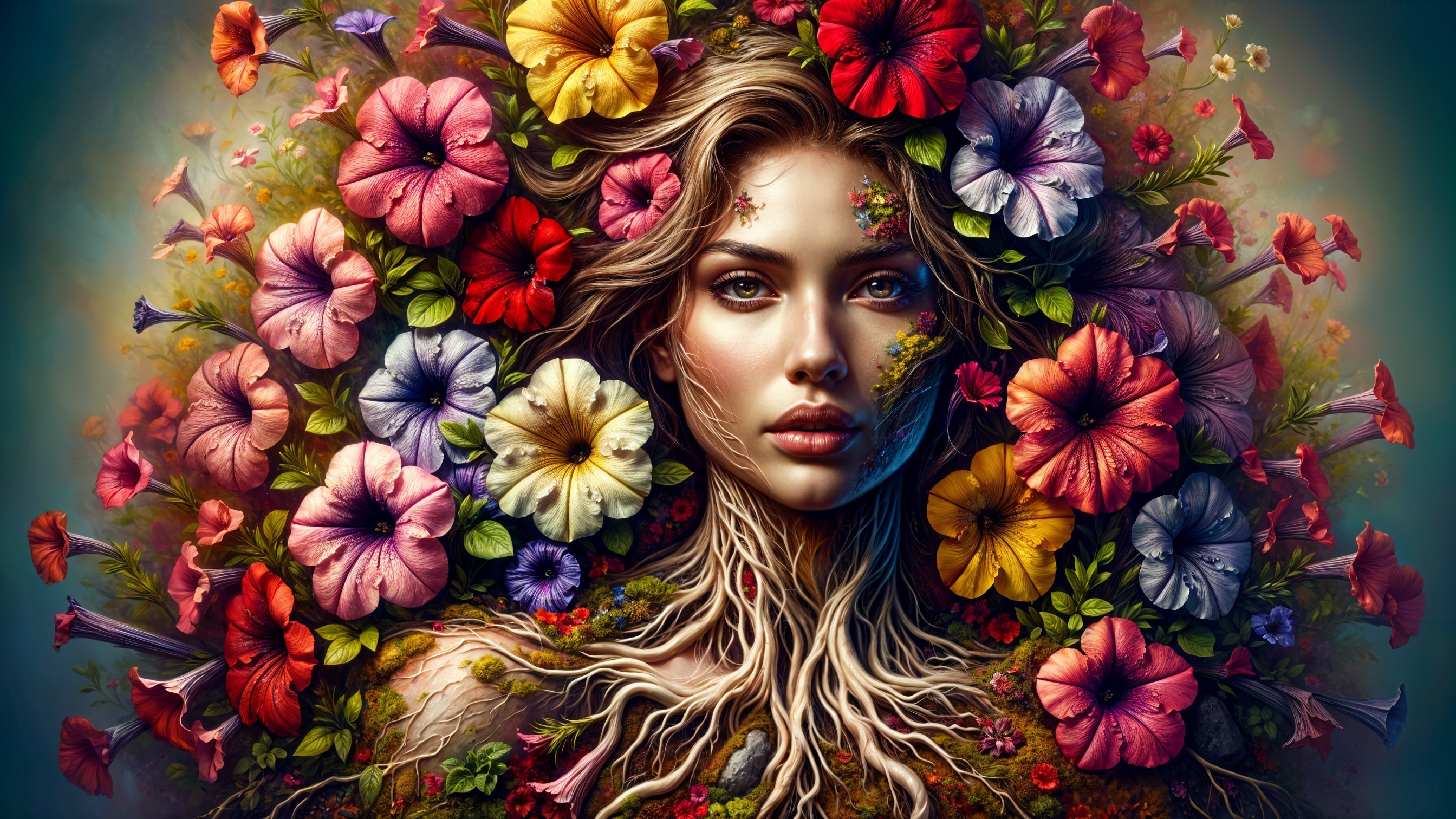 Portrait of a woman amidst vibrant flowers and nature