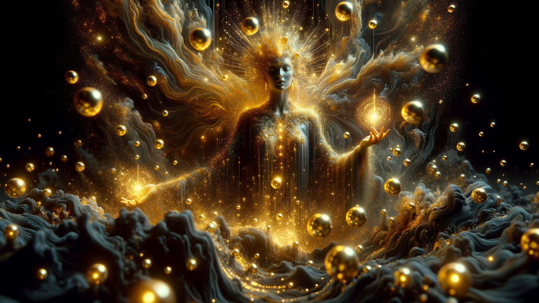 Ethereal Figure Surrounded by Cosmic Light and Orbs