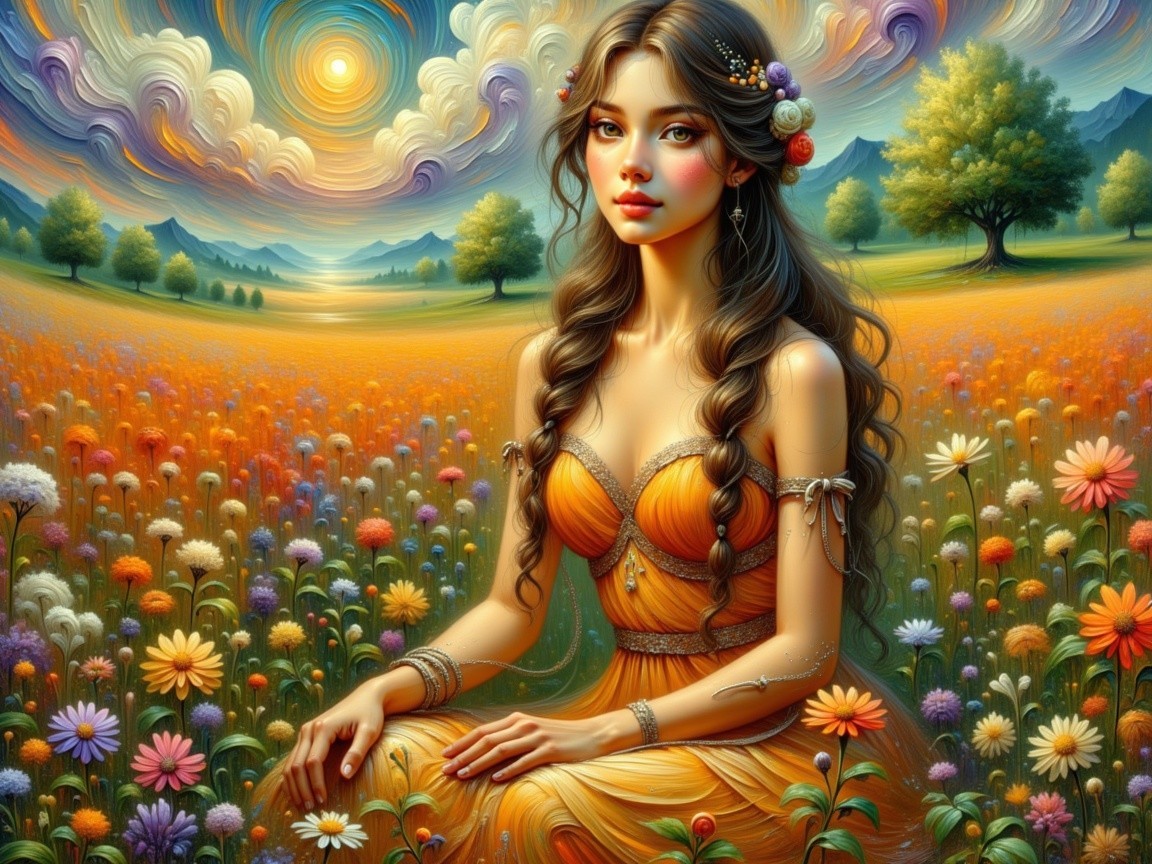 Young Woman in Orange Dress in Vibrant Flower Field