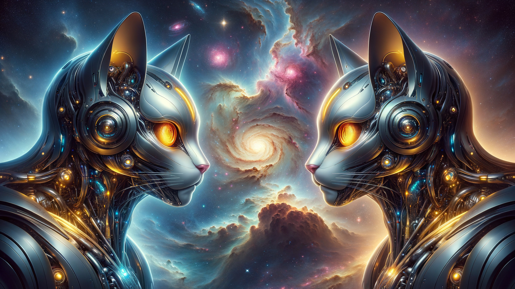 Futuristic robotic cats in a cosmic galaxy backdrop