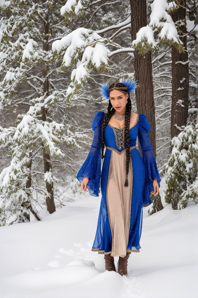 Young woman in gown walking through snowy forest