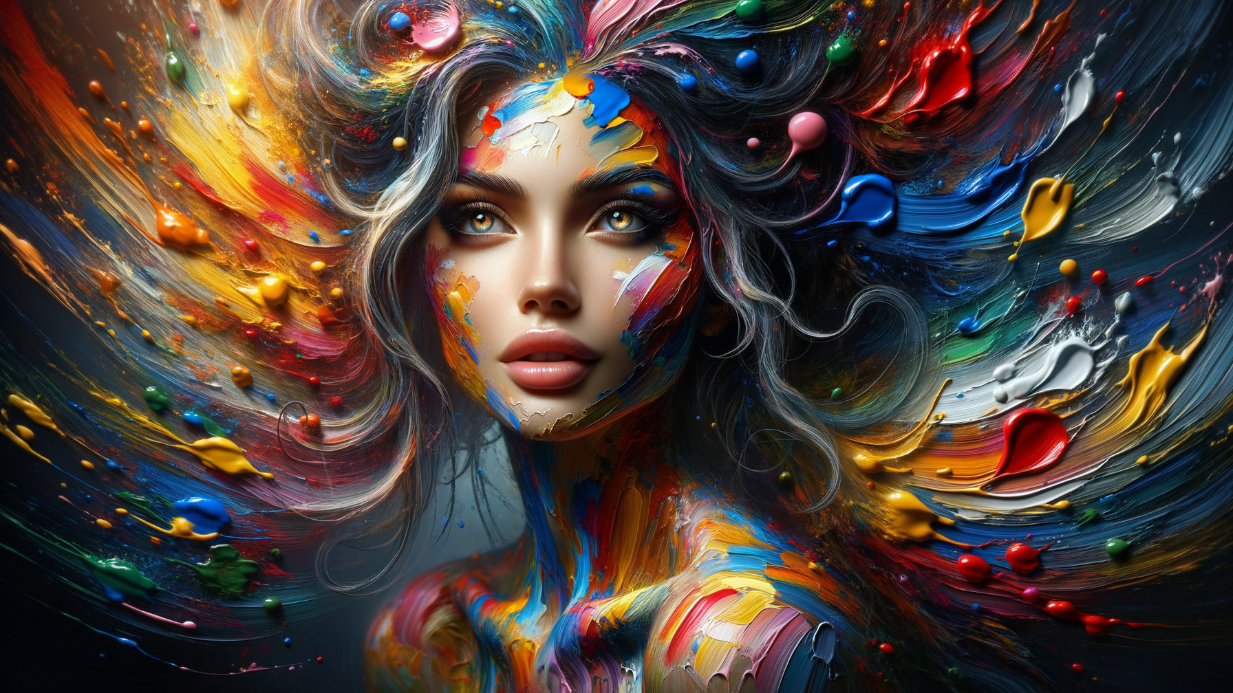Portrait of a Woman with Multicolored Paint Swirls