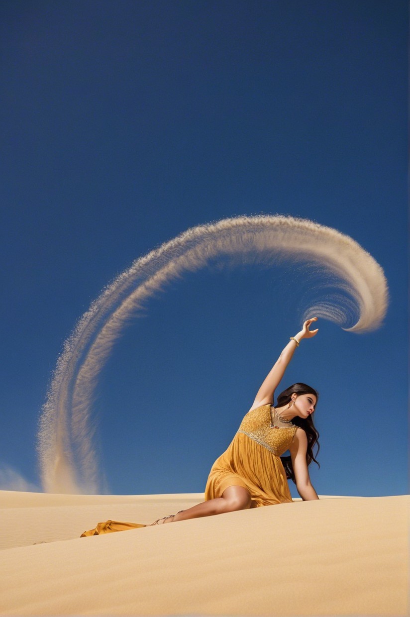 Woman in yellow dress poses on sandy dune with sand