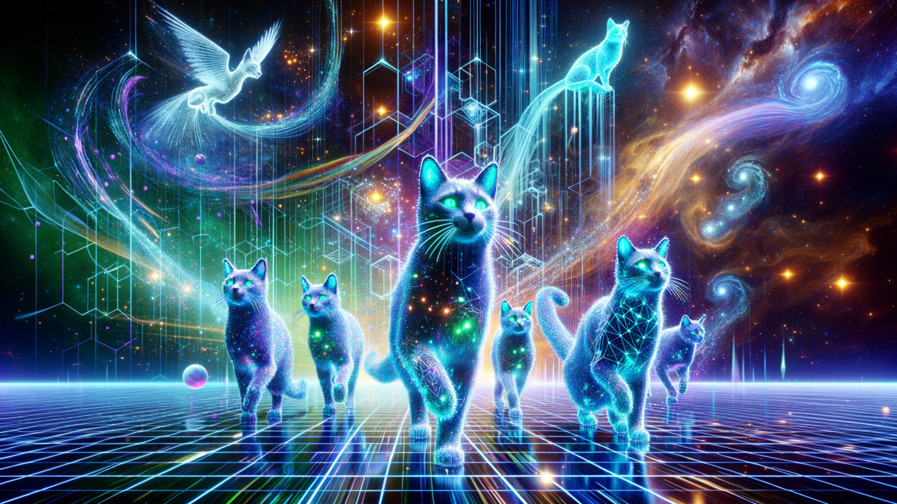 Glowing Cats in a Vibrant Cosmic Universe Scene