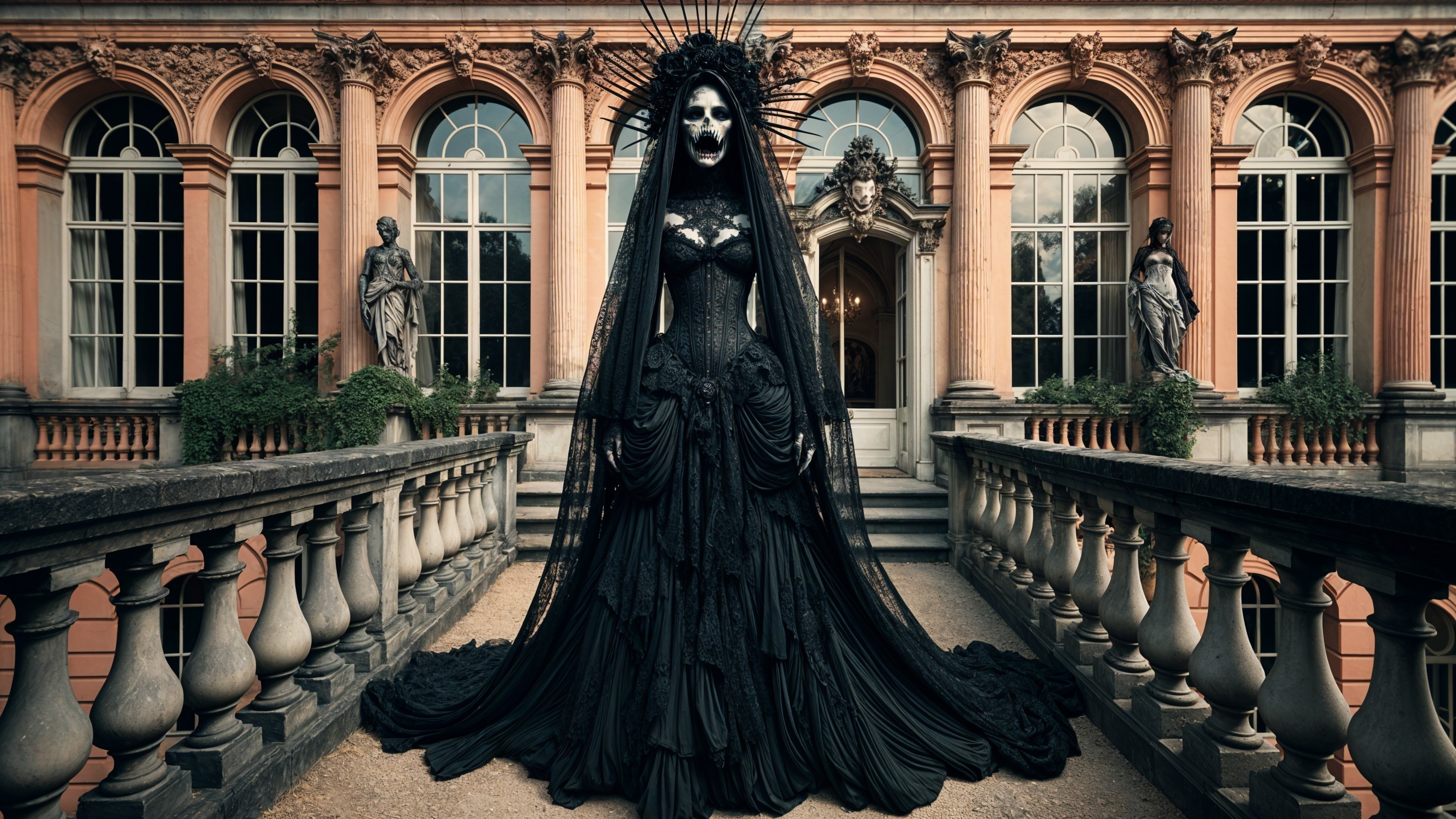 Elegant figure in black gown on ornate balcony