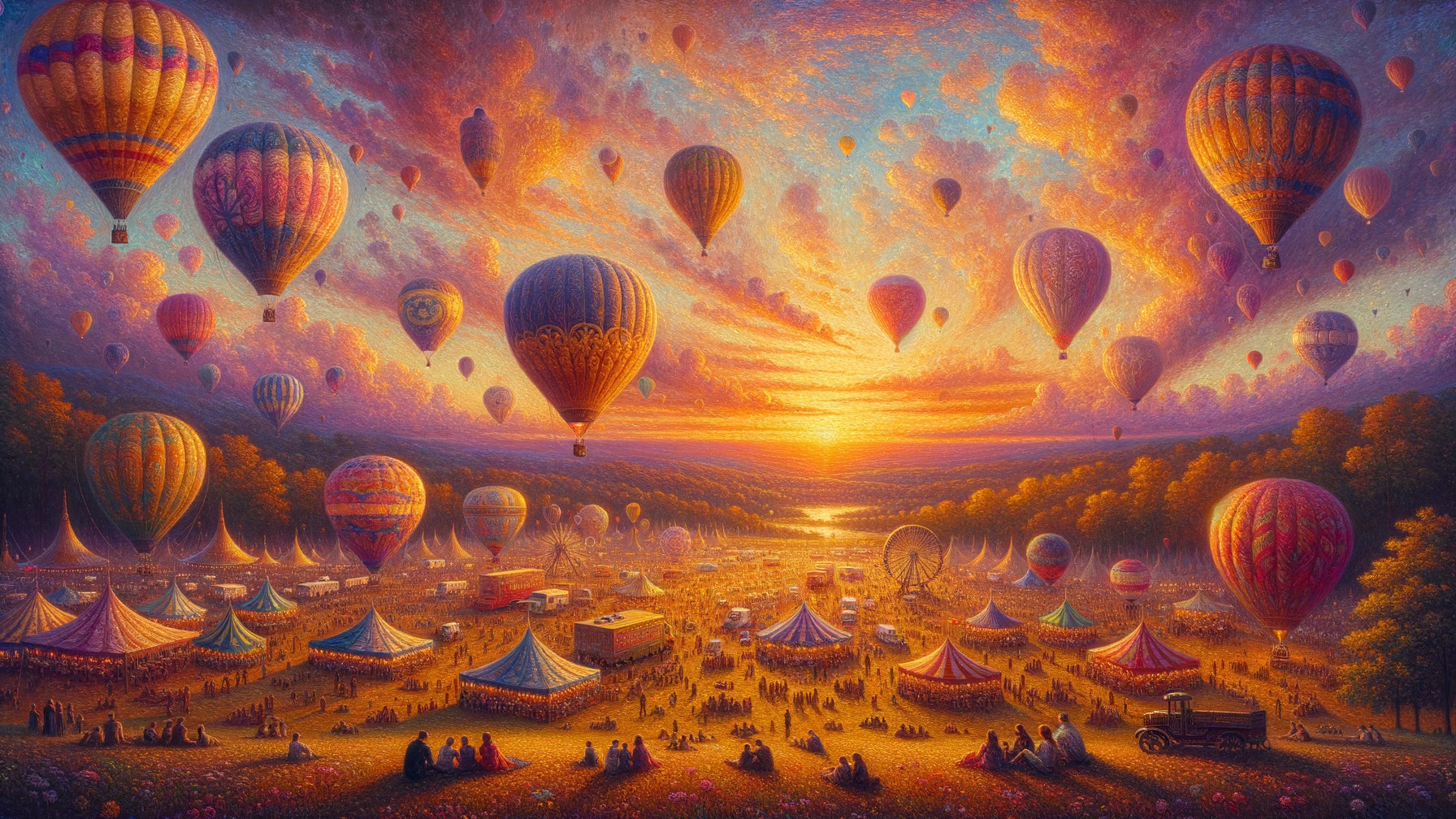 Vibrant Dusk Landscape with Fairground and Balloons
