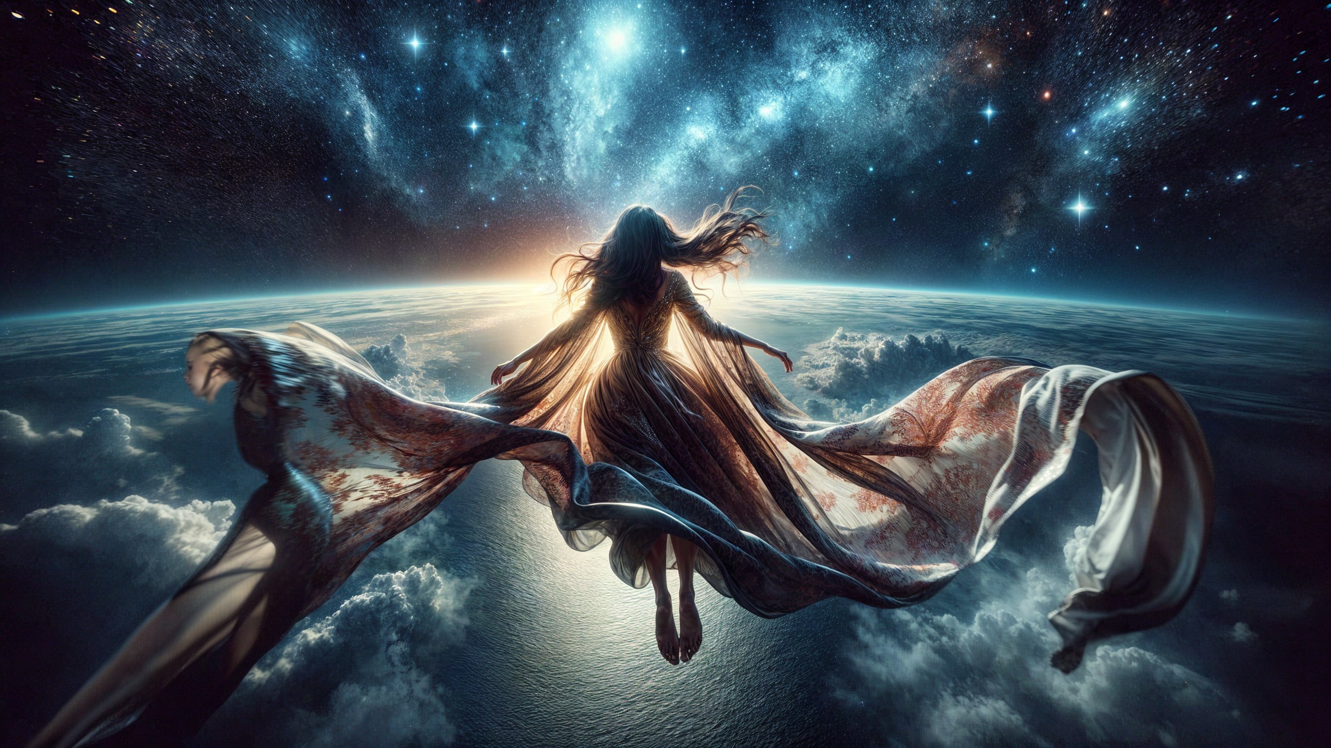 Serene Figure Above Cosmic Landscape with Earth and Stars