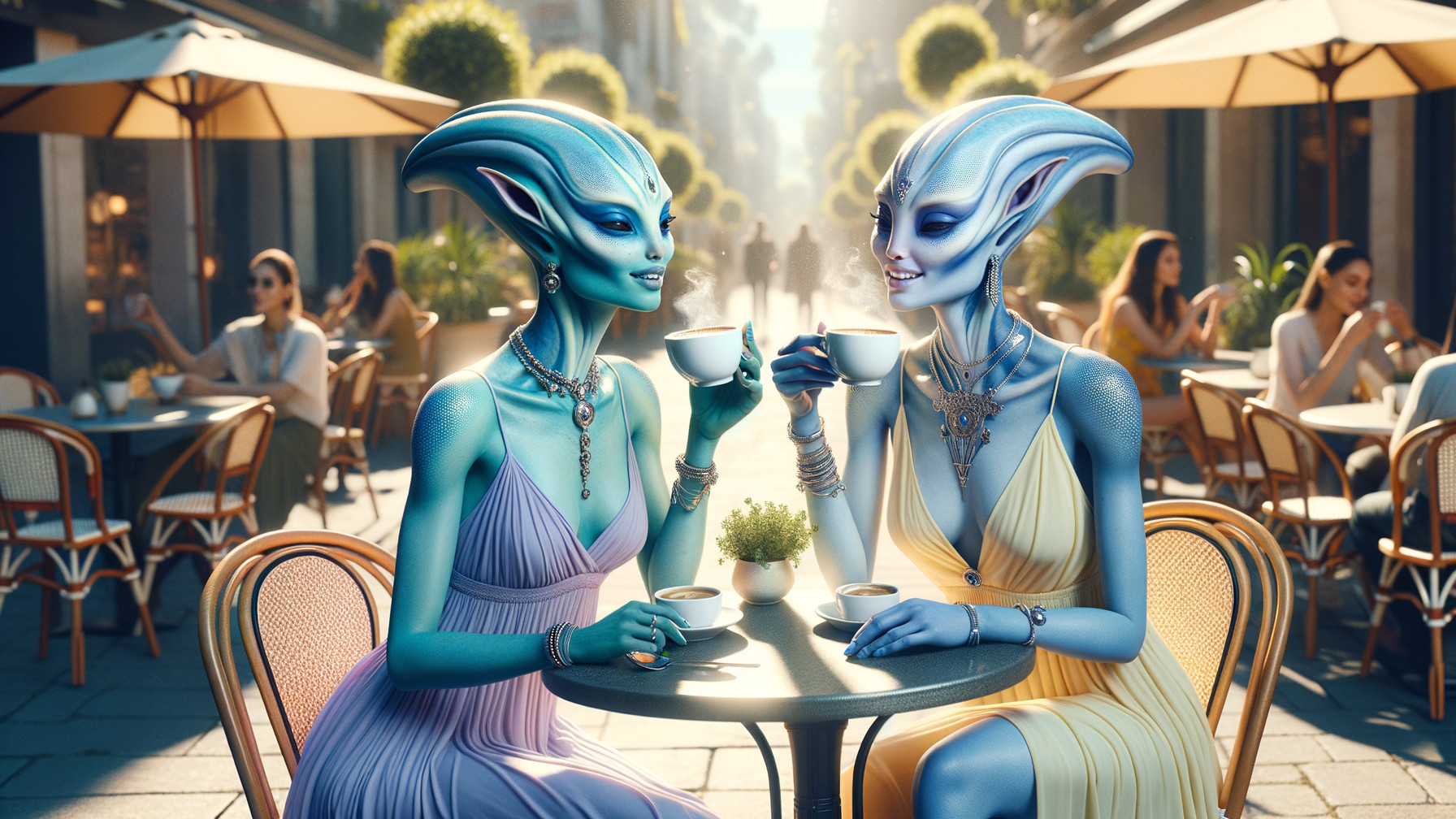 Elegant Aliens at a Café in a Vibrant Street Scene