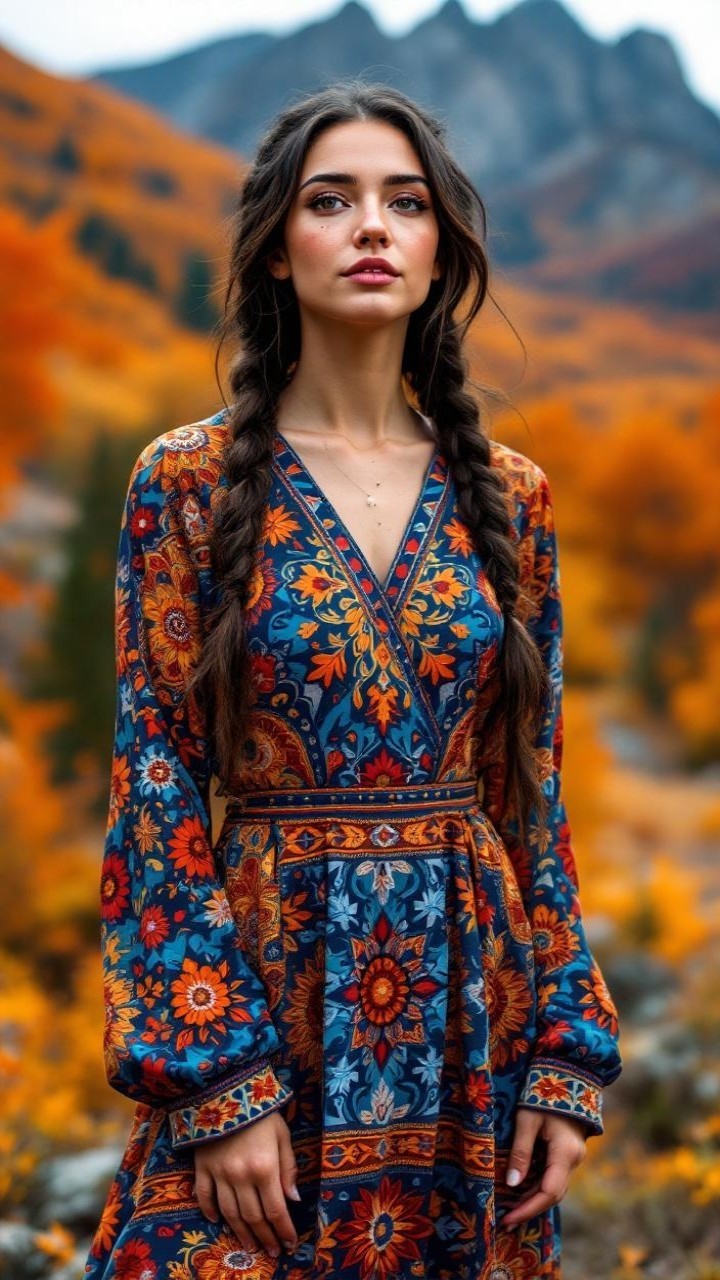Young Woman in Floral Dress Amid Autumn Landscape