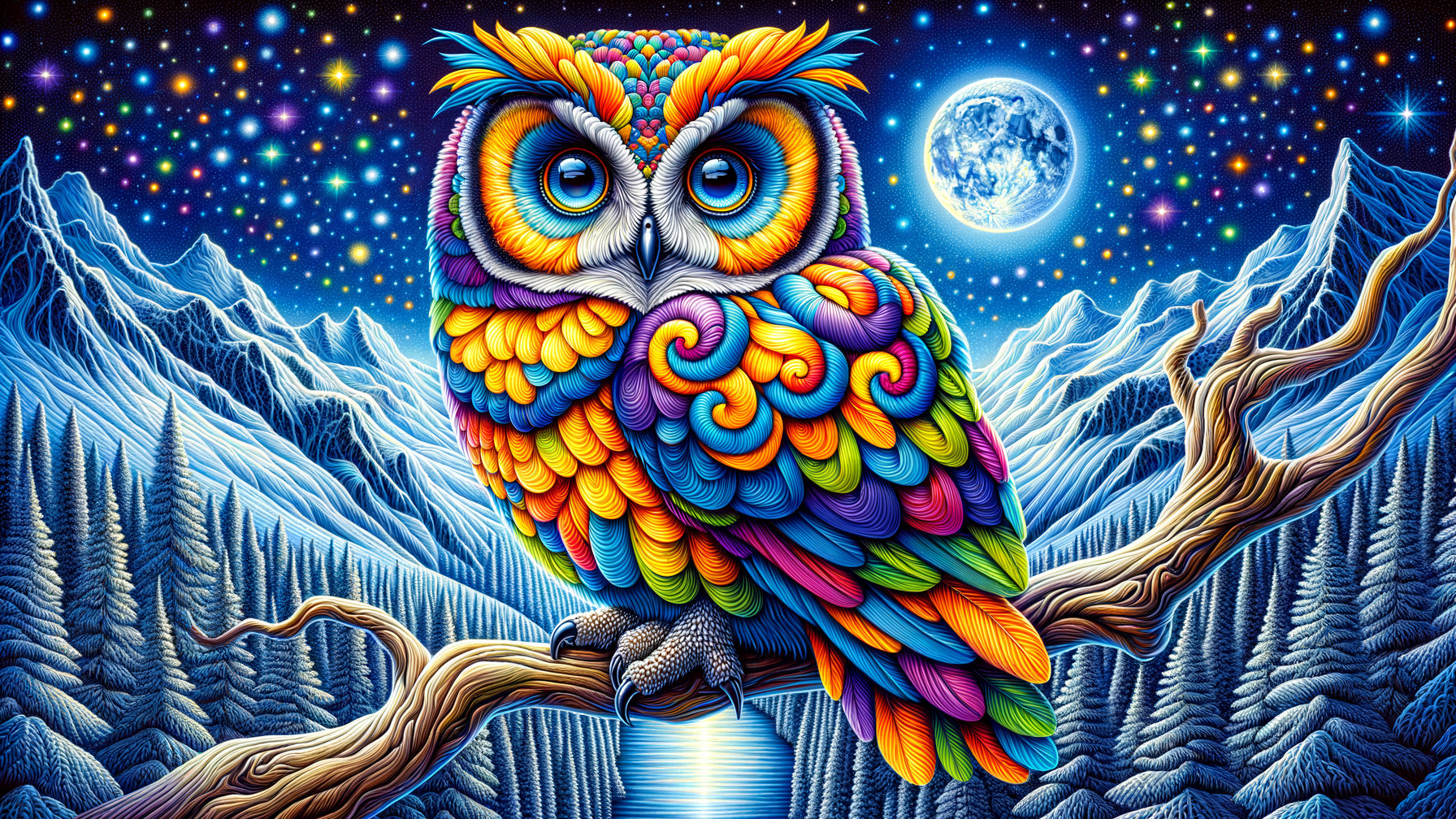 Colorful Owl in a Fantastical Mountain Landscape