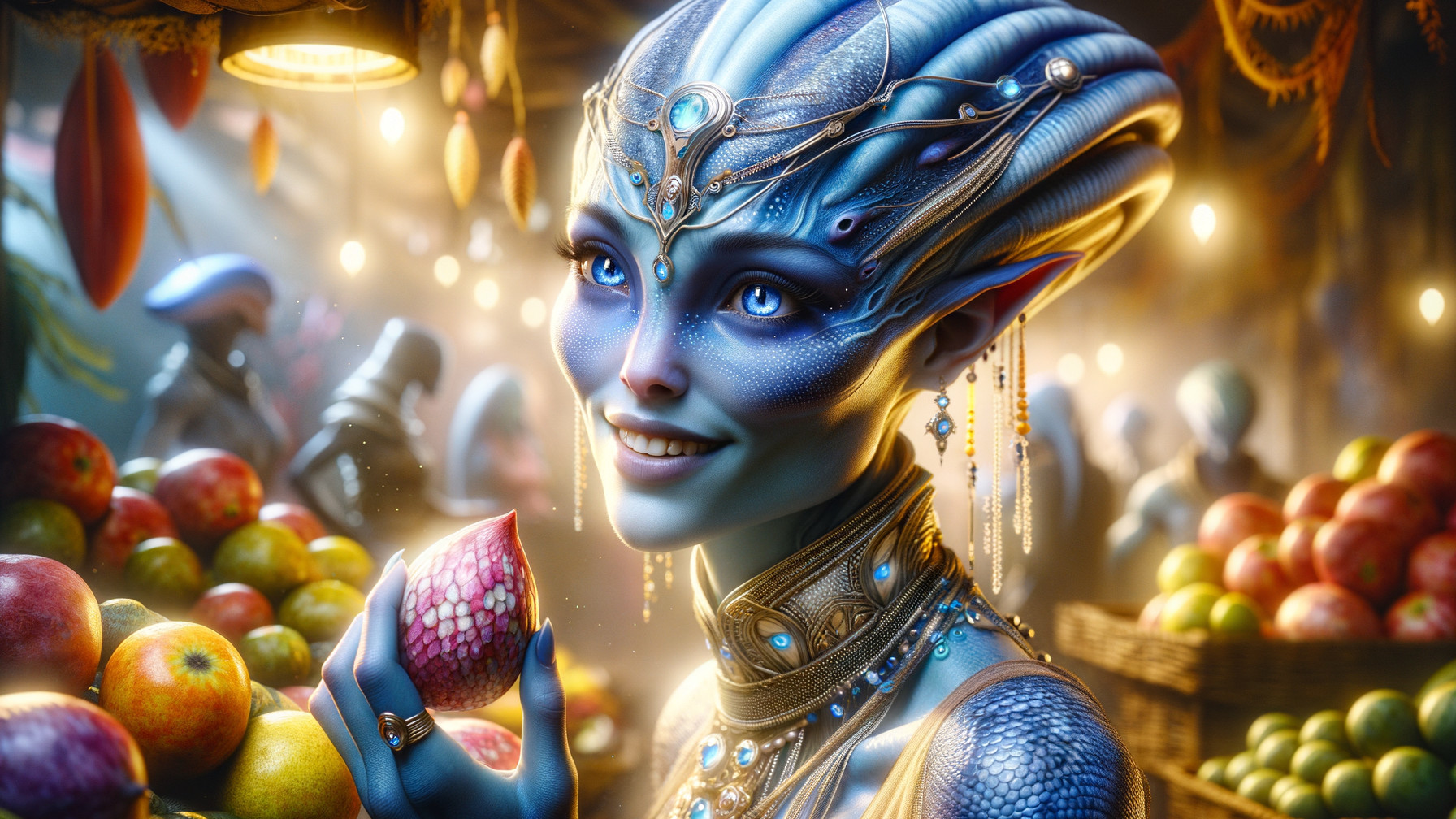 Alien Character in Vibrant Market with Colorful Fruits