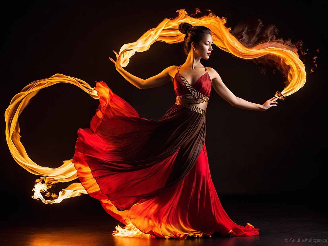 Dancer in Red Gown Surrounded by Swirling Flames