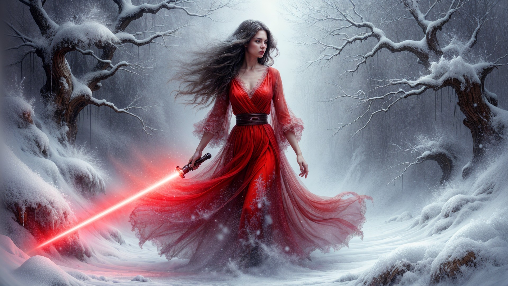 Mysterious Woman in Red Dress with Lightsaber in Snow