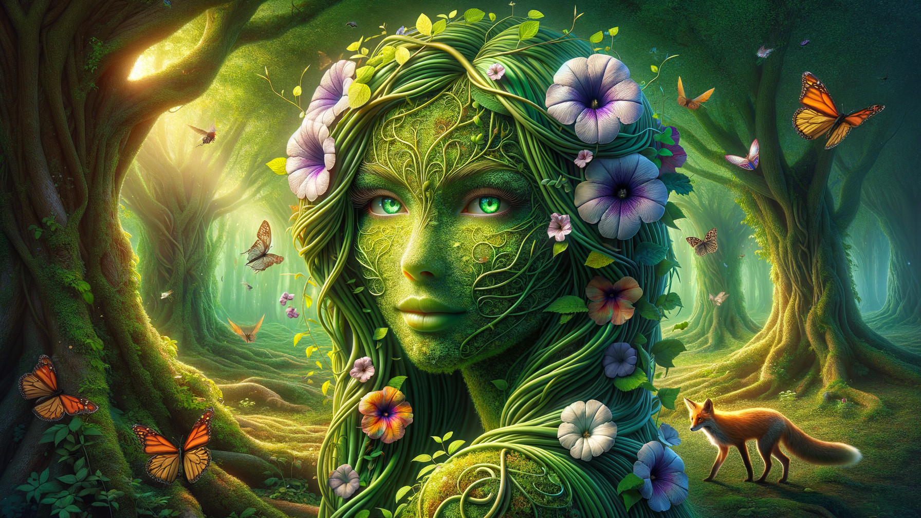 Nature Spirit in Enchanted Forest Surrounded by Wildlife