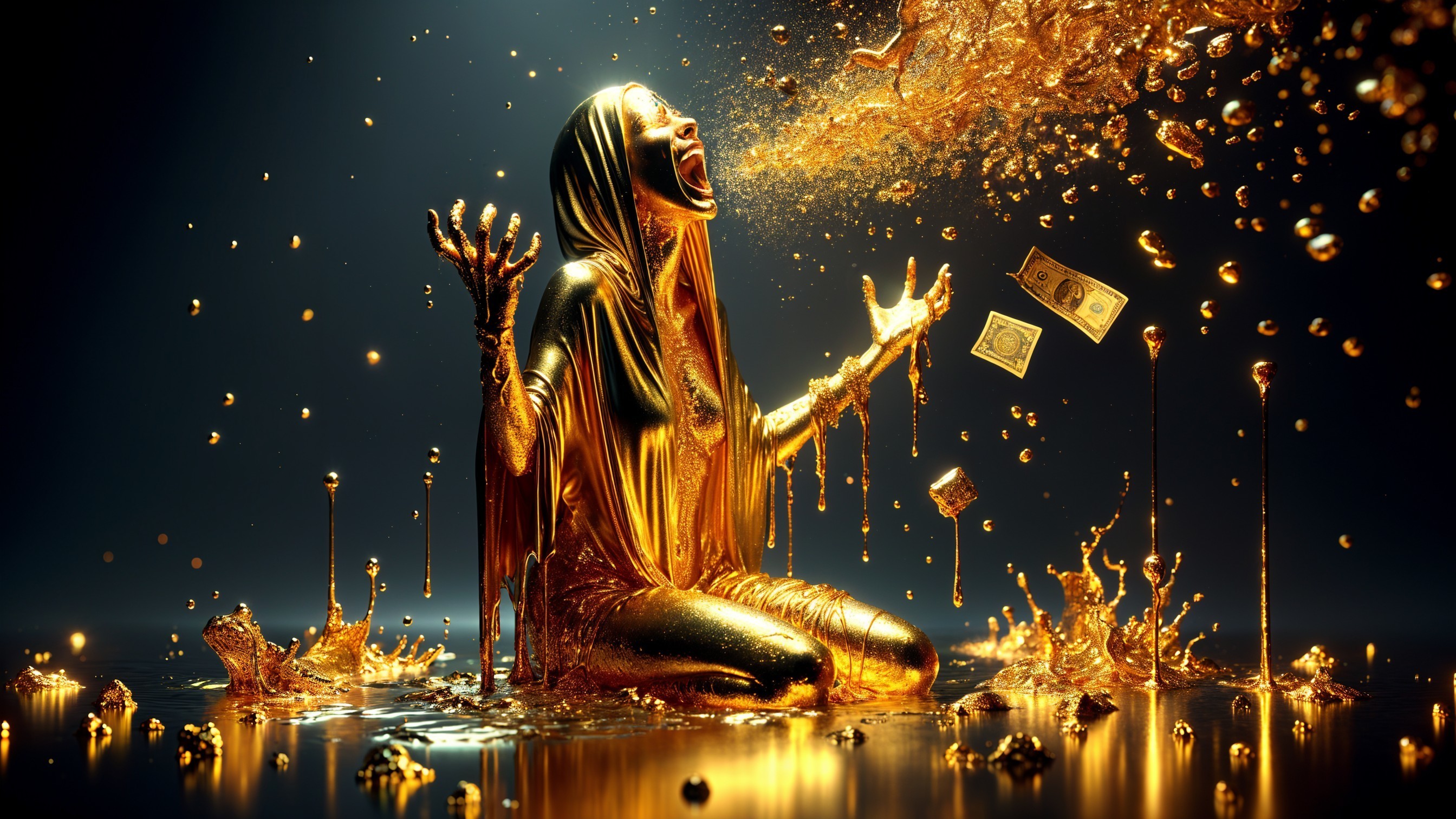 Golden Figure in Ecstasy Surrounded by Opulence