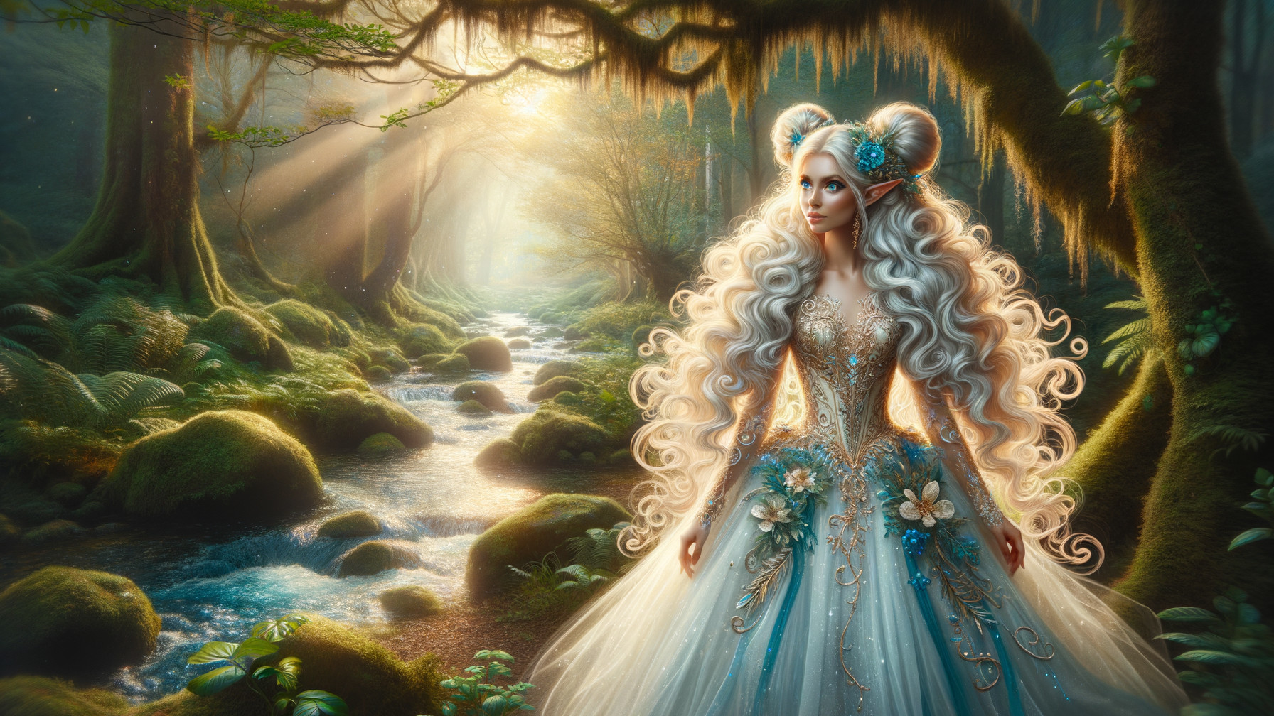 Young elf by sparkling stream in magical forest