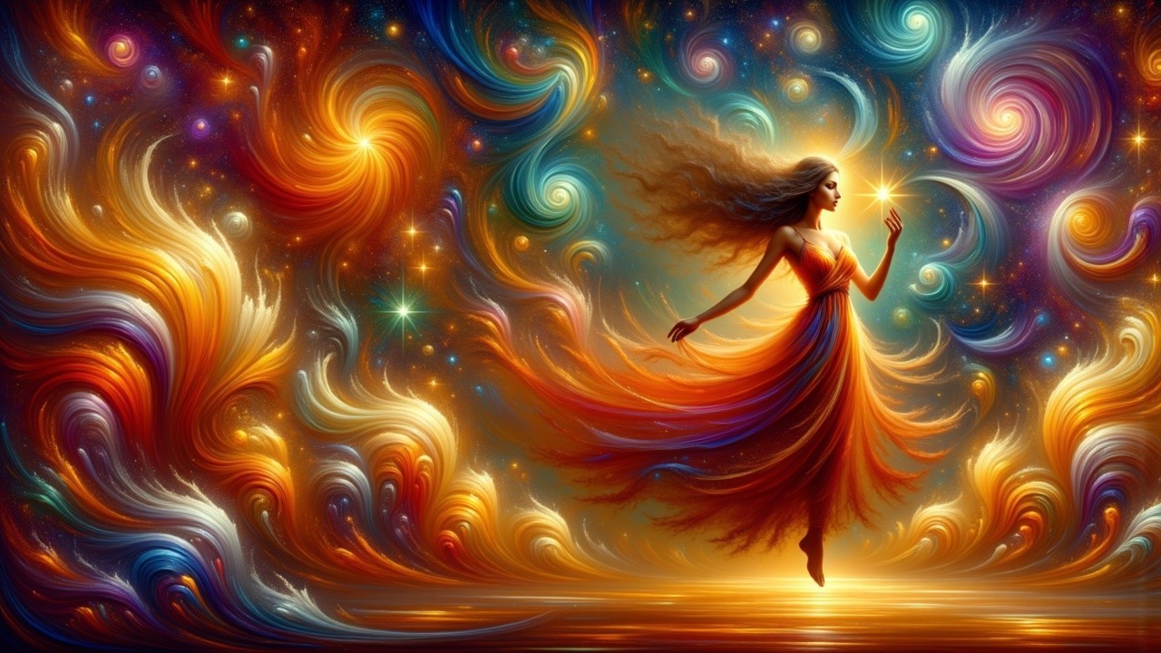 Dancer in Vibrant Dress Against Cosmic Backdrop