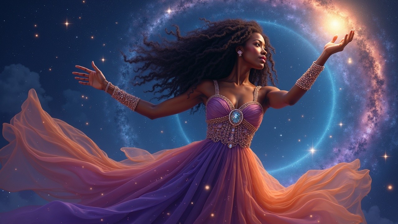 Woman in Celestial Landscape with Cosmic Energies