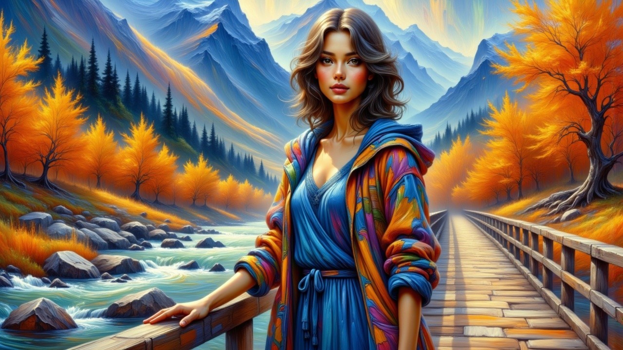 Young woman on bridge amid autumn scenery
