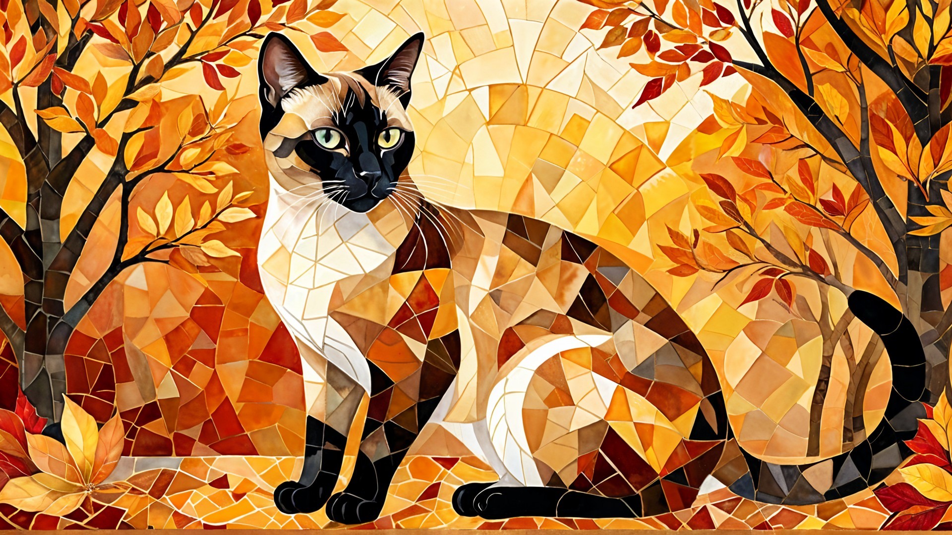 Mosaic of Siamese Cat in Autumn Landscape