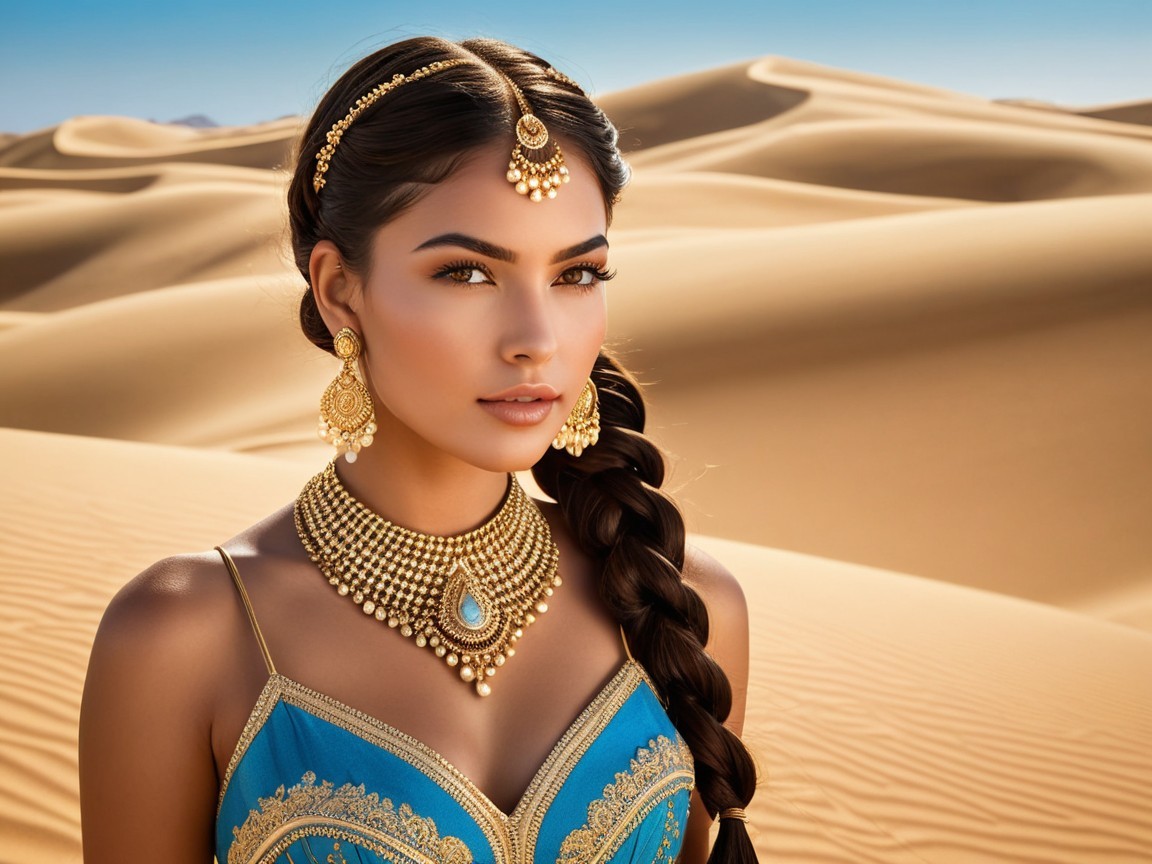 Young Woman in Blue Outfit Amidst Golden Sand Dunes