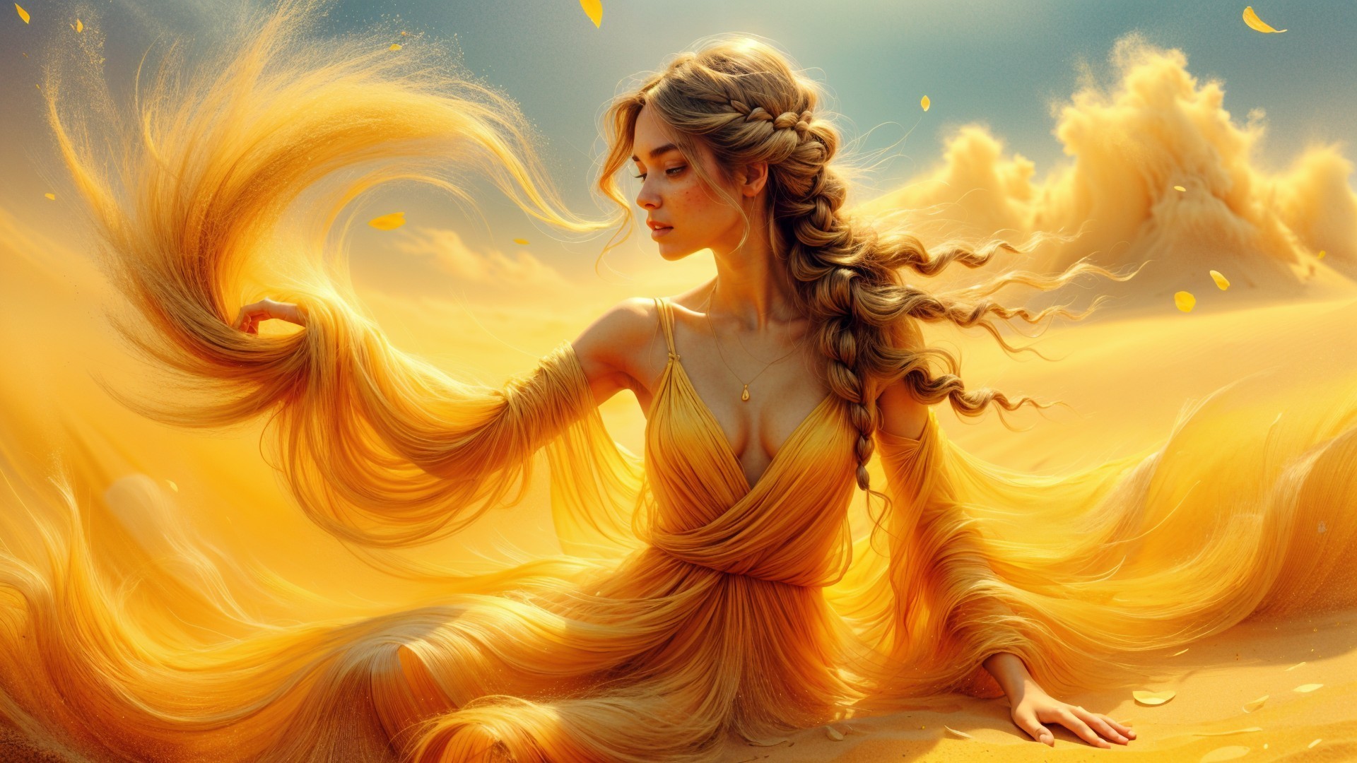Woman in Yellow Gown in Sunlit Desert Scene