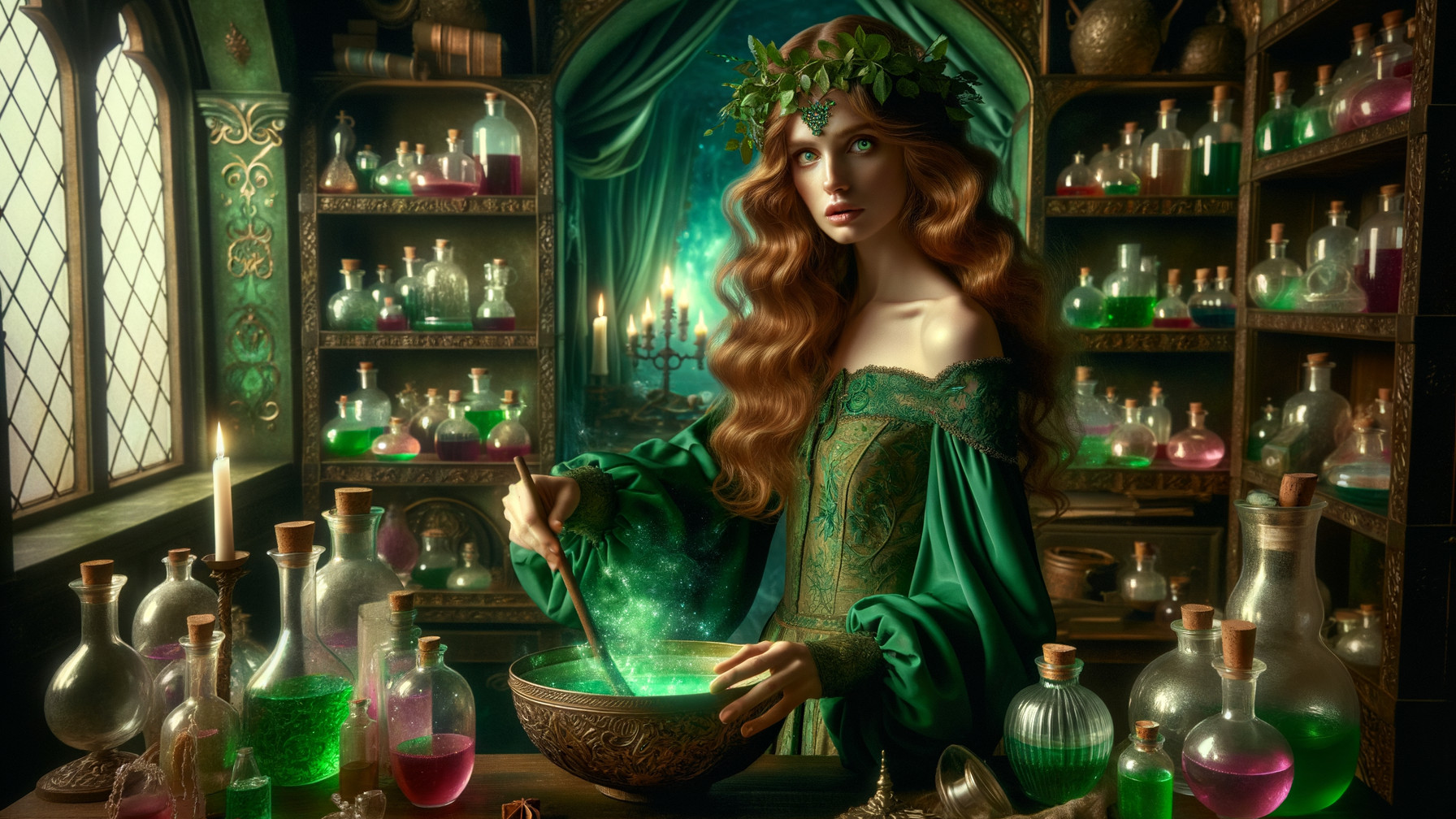 Mystical Potion Room with Woman and Colorful Potions