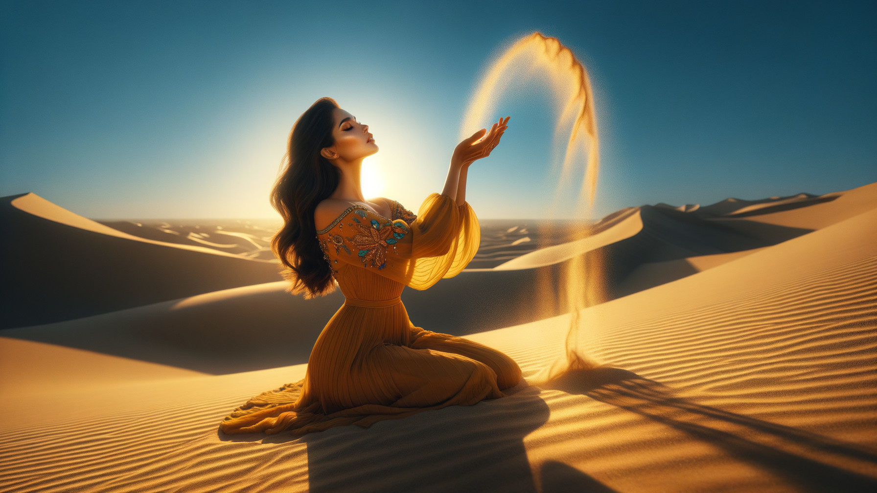 Woman in Yellow Gown Kneeling in Desert at Sunset