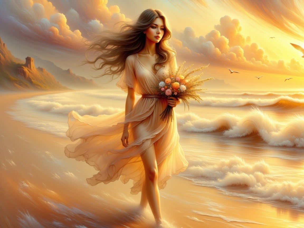Young woman in flowing dress on beach at sunset