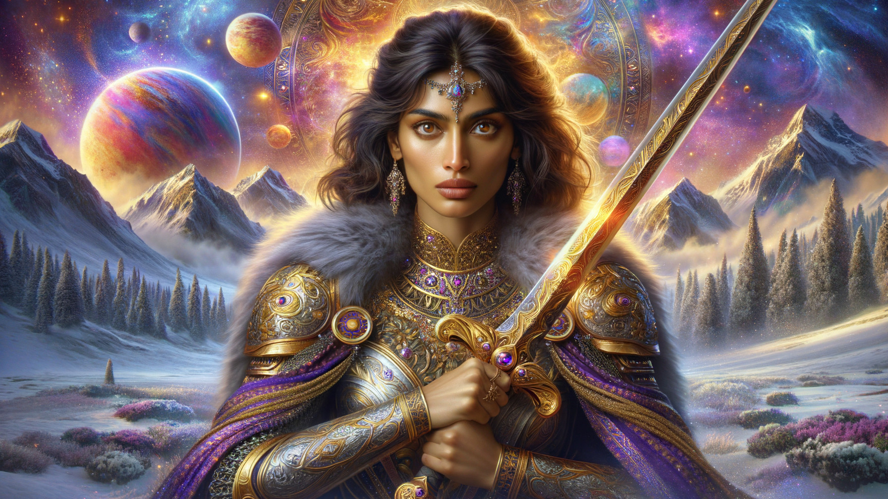 Warrior in Armor Against Cosmic and Mountainous Backdrop
