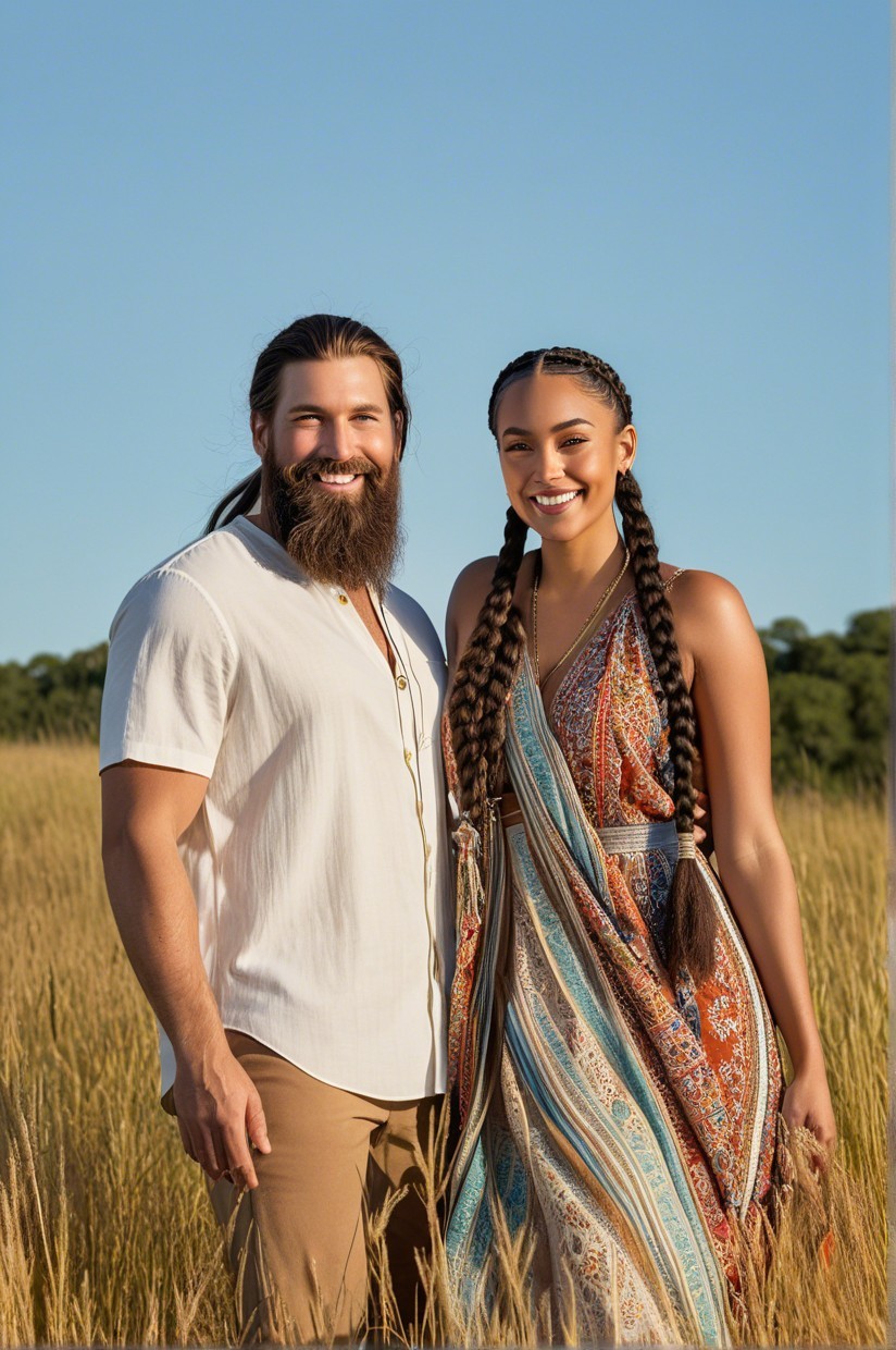 Couple in Sunlit Field of Tall Golden Grass