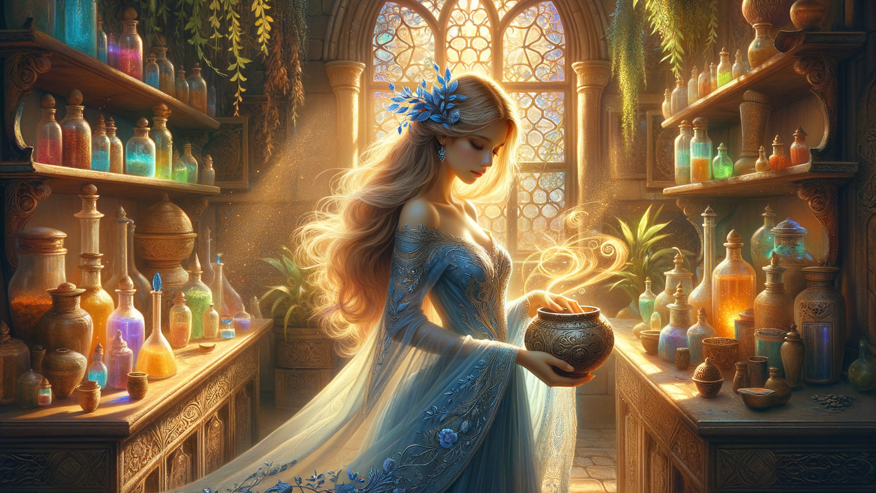 Mystical Potion Shop with Serene Figure and Magic Pot