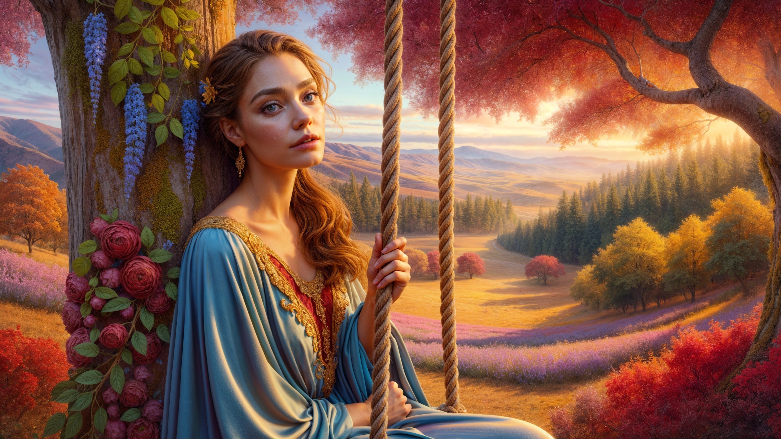 Young Woman on Swing in Autumn Foliage Setting