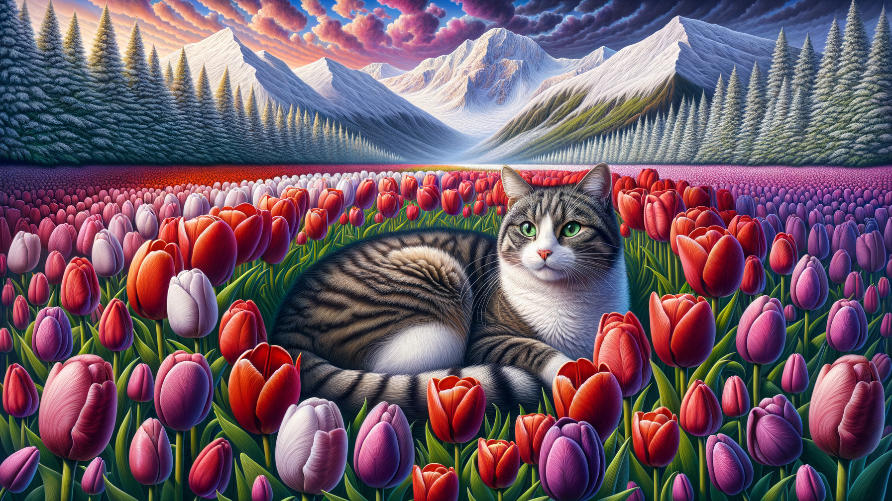 Fluffy Cat Among Tulips and Majestic Mountains