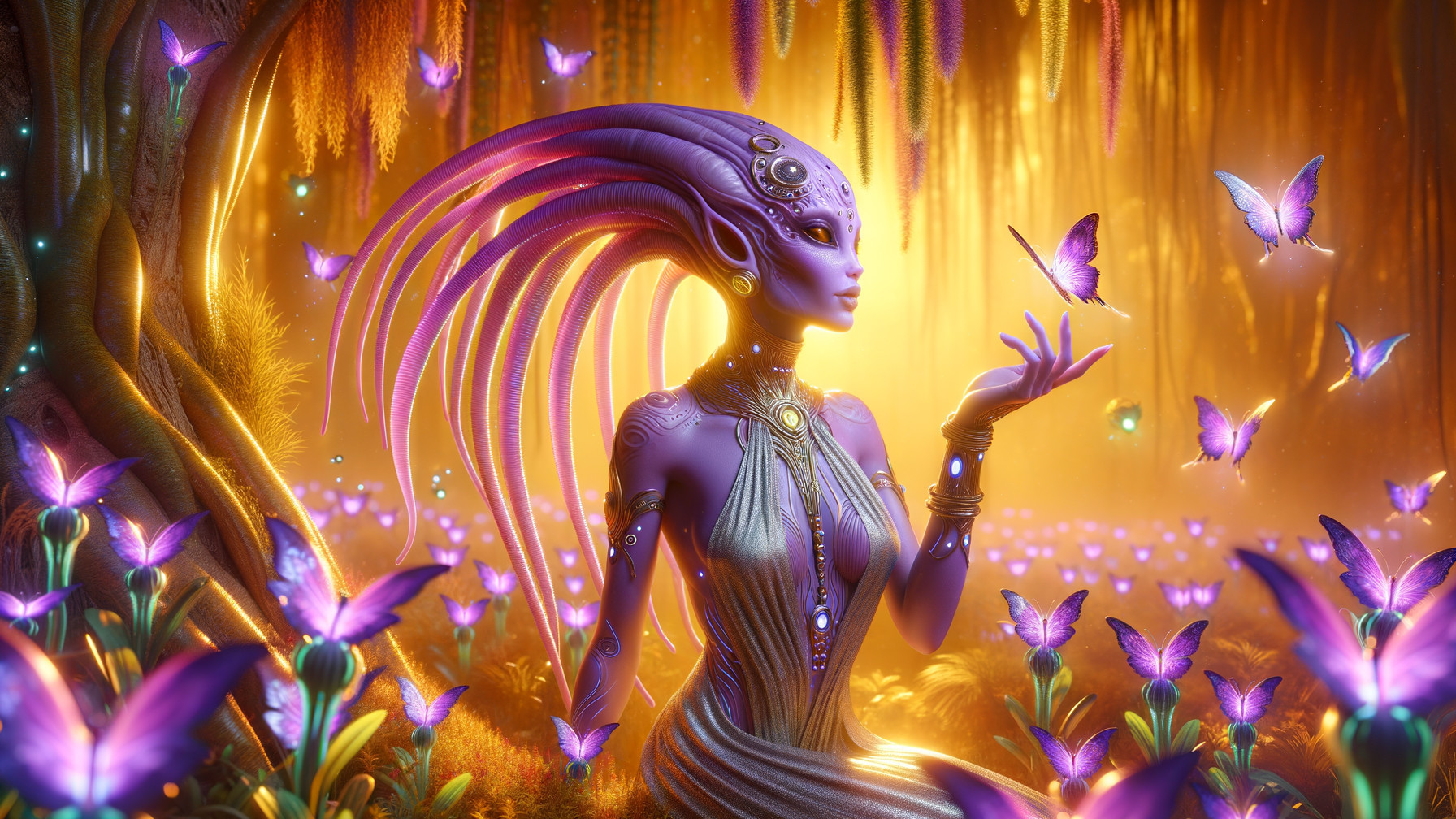 Magical forest scene with lavender figure and butterfly